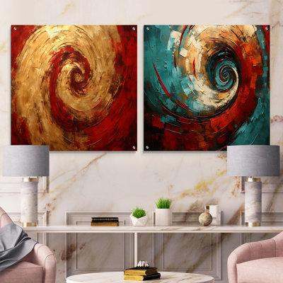 Red Gold Fusion Spiral III - Abstract Spirals Acrylic Wall Art Glass Set Of 2