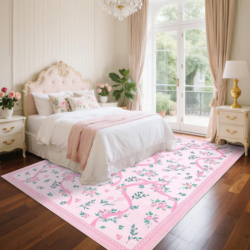 Washable Area Rug Bow Décor, Pink, Rectangle 10' x 13'