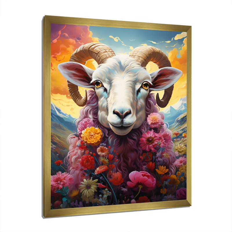 Reproduction d'art sur fond de moutons roses «Enchanted Ewes», H 20 po x l 12 po x P 1 po, Encadrement doré