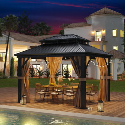 Pavillon de jardin à toit rigide, pavillon de jardin à double toit avec cadre en aluminium pour patio, pelouse, cour arrière