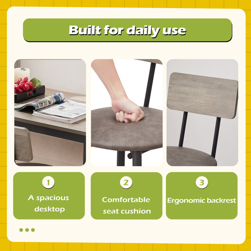 Bar Table Set With 2 Bar Stools PU Soft Seat With Backrest, Gray