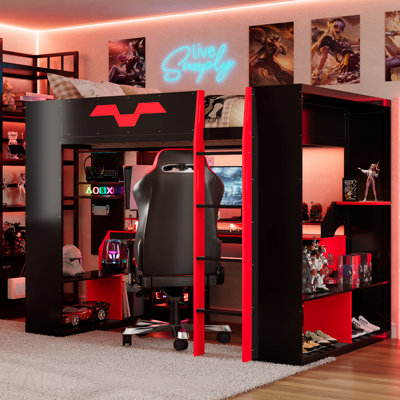 Full Size Wood Loft Bed With Power Outlet & Usb/Type-C Ports, Integrated Cable Management, And Rgb Light, Red