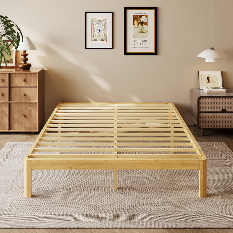 Solid Wood And Metal Bamboo Platform Bed Frame, Heavy Duty Support, No Box Spring Needed, Multiple Sizes Available, Queen