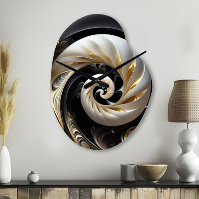 Gold Black And White Stained Glass V - Pear Shape Unique Abstract Spirals Wall Clock