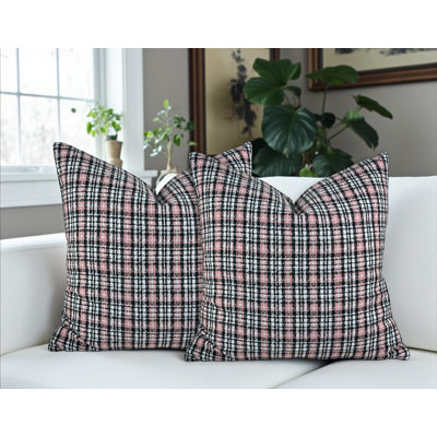 Aiking Pack of 2 Shepherd Plaid Tweed Textured Decorative Euro Pillow Shams 24x24 Inch, Black and Pink