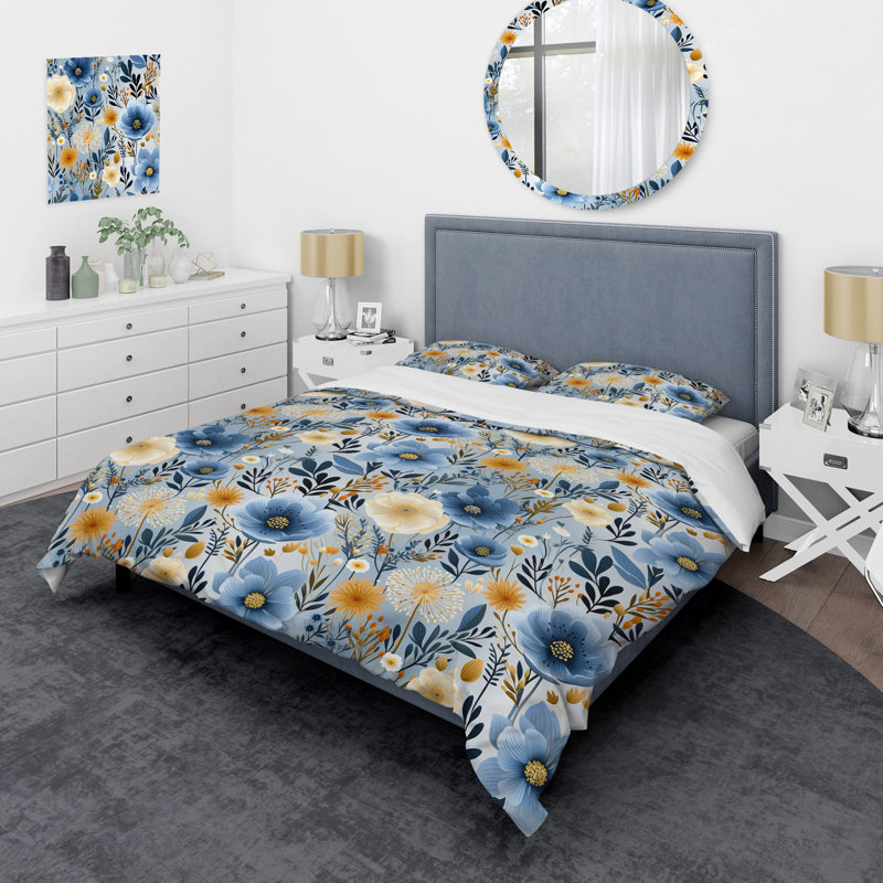 Blue Boho Chic Floral Motif - Ensemble de housse de couette floral, Housse de couette simple + 1 taie décorative stan