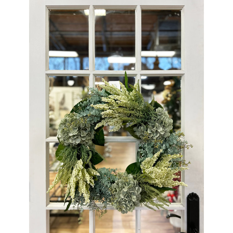 24" Hydrangea, Heather And Eucalyptus Wreath, Green/White