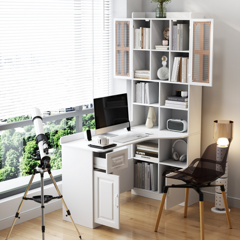 Bureau d'ordinateur d'angle en L pour bureau à domicile ou bureau d'étude, table d'étude de style moderne avec tiroirs, bibliothèque et huche, conception en L 2 en 1, grand espace de travail, blanc