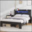 Structure de lit plateforme très grand en bois avec rangement, tête de lit à DEL, 2 ports USB, aucun sommier requis, assemblage facile, noir-1882886249-1882886254