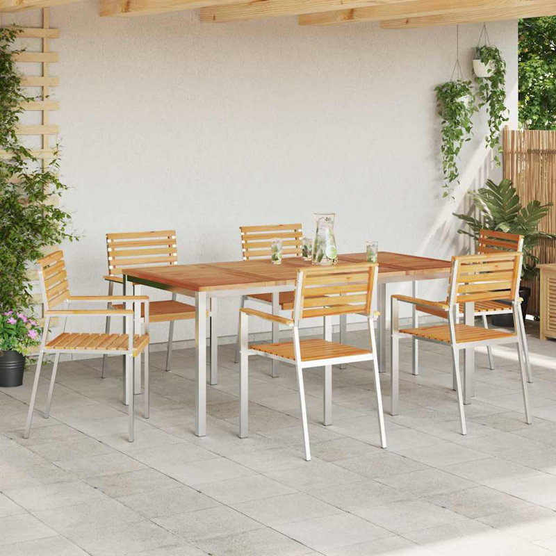 Wood Patio Dining Set with Rectangular Table, 75cm H x 180cm W x 90cm D, 6