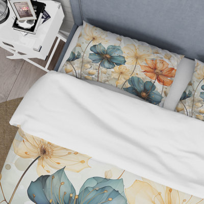 Teal Orange Petal Mosaics I - Abstract Botanicals Duvet Cover Set - Microfiber Polyester