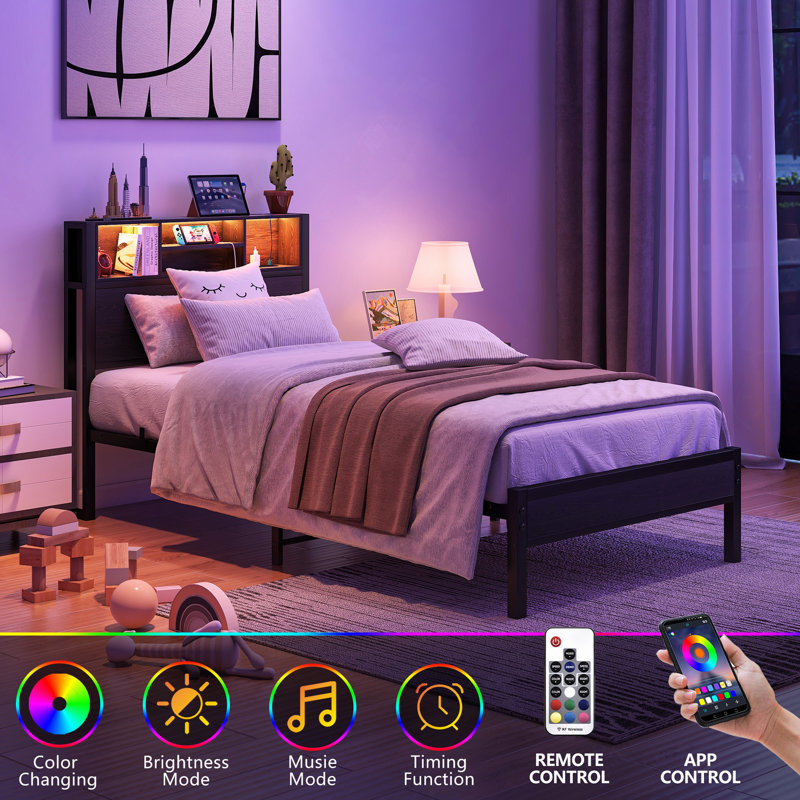 Structure de lit simple avec tête de lit, lit plateforme en métal avec station de charge, rangement pour bibliothèque, aucun sommier requis, assemblage facile