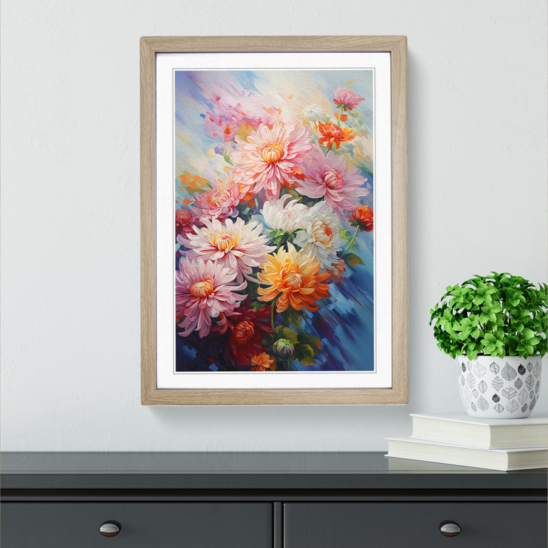 Chrysanthemums Action No.3 - Single Picture Frame Print on Wood, 46cm H x 34cm W x 2cm D, Oak Framed