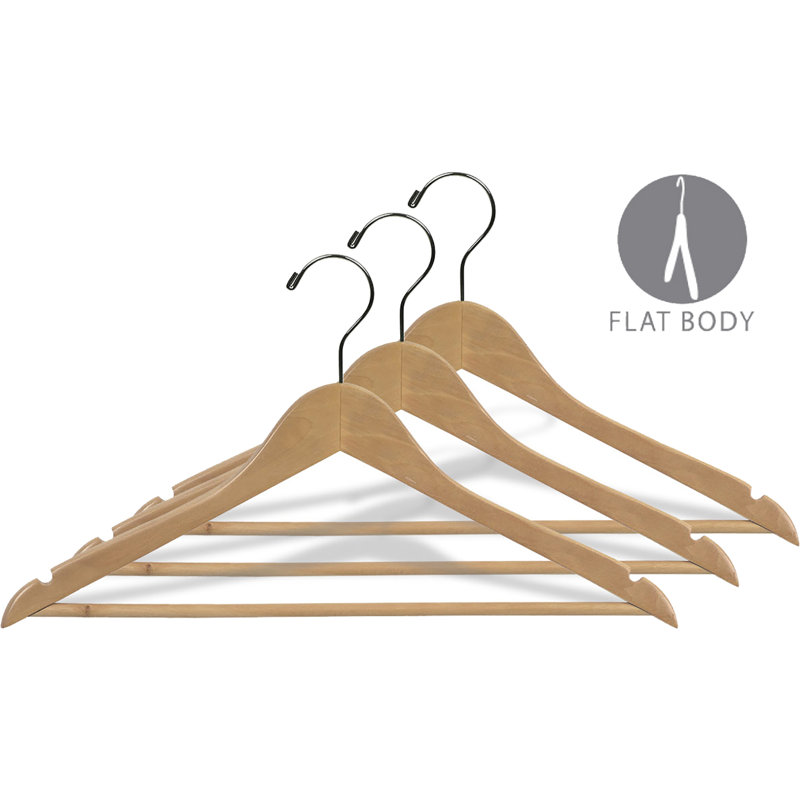 Cintre en bois avec barre en bois massif pour robe / chandail / chandail, Neutre / chrome