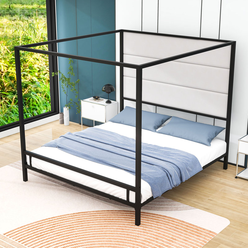  Metal Canopy Bed with Upholstered Headboard, Black, King