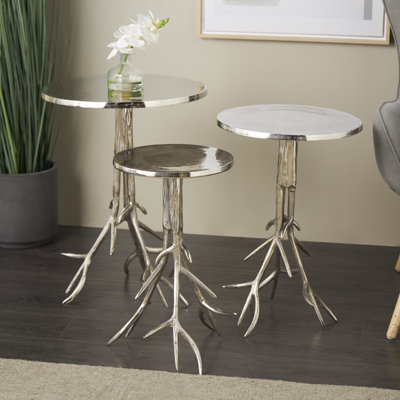 Rosalyn Aluminum Metal Side End Silver Accent Table with Textured Tree Branch Legs Set