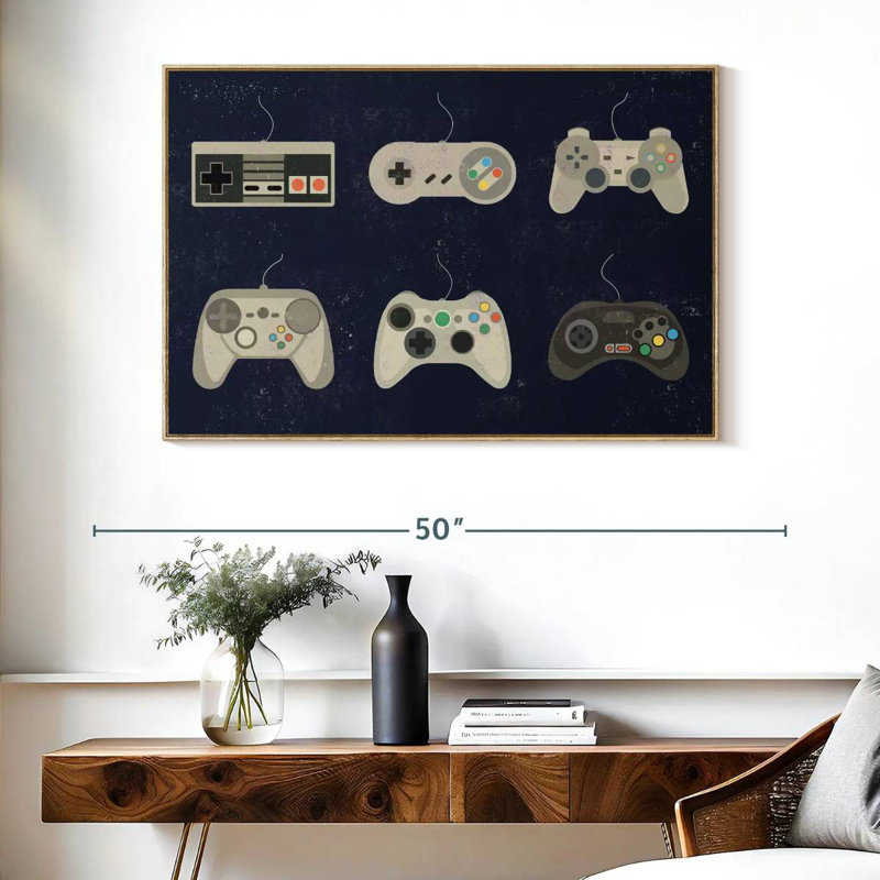 Video Game Controller Evolution, Floating Frame Natural Wood, 40" X 27"