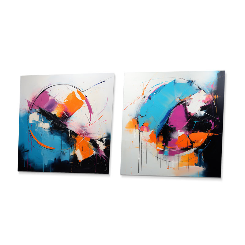 Encre de peinture bleue et rose Expression I - Collages abstraits, impression sur métal, ensemble de 2 carrés