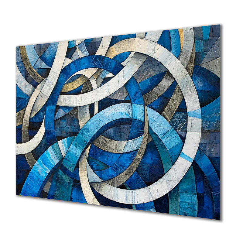 «Blue and White Whirling Rings II», art mural abstrait, Métal métal, H 12 po x l 20 po x P 1 po