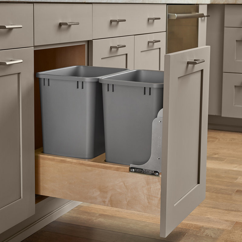 Double 35 Quart Silver Pull-Out Trash Can with Maple Base