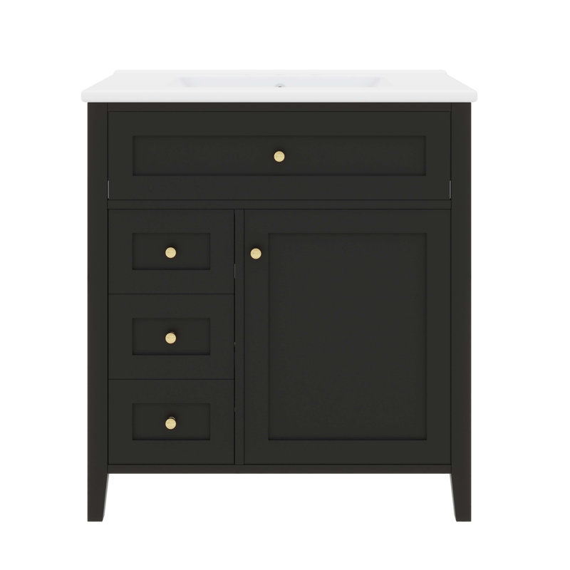 Meuble-lavabo de 30 po avec lavabo, un tiroir basculant, trois tiroirs, une tablette de porte, une tablette réglable, Noir