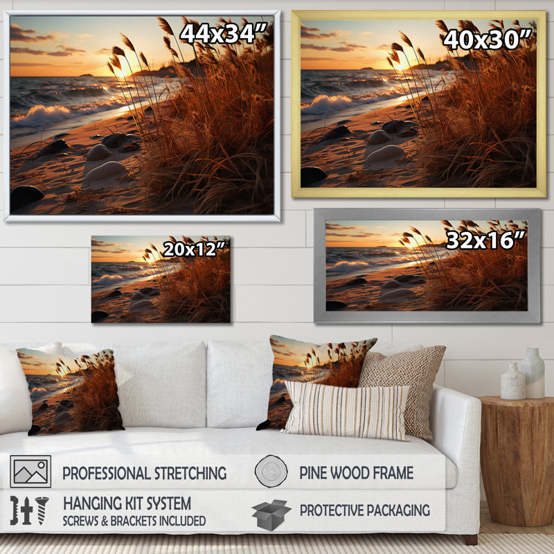 Amanollah Grass Sunrise Beach sur toile, Cadre photo argenté, H 16 po x l 32 po x P 1 po