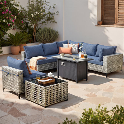 Mobilier d'extérieur en rotin pe haute densité, 6 places avec table de cuisson et table de bout lumineuse