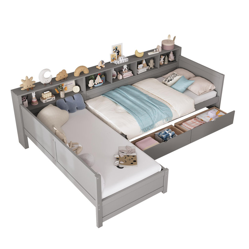 Twin Size Day Bed For 2, L- Shape Twin Size Bed Frame With Storage 3 Drawers, Wooden Corner Bed With Bookshelf, Corner Bed Frame For Bedroom, Living Room,Grey