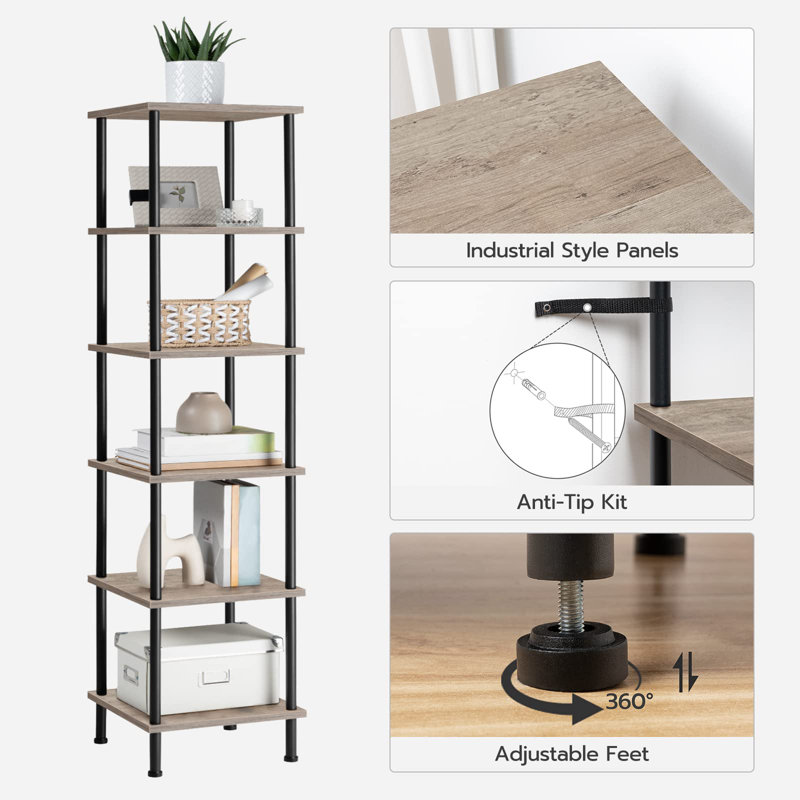 Greige and Black 6-Tier Corner Bookcase for Small Spaces