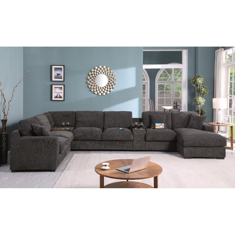 Modern Sofa Celine 141.5" Chenille Fabric Corner Sectional Sofa With Right-Facing Chaise, Cupholders, And Charging Ports