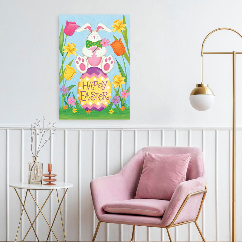 Joyeuses Pâques, lapin fantaisiste, jonquille et tulipe, H 24 po x l 16 po