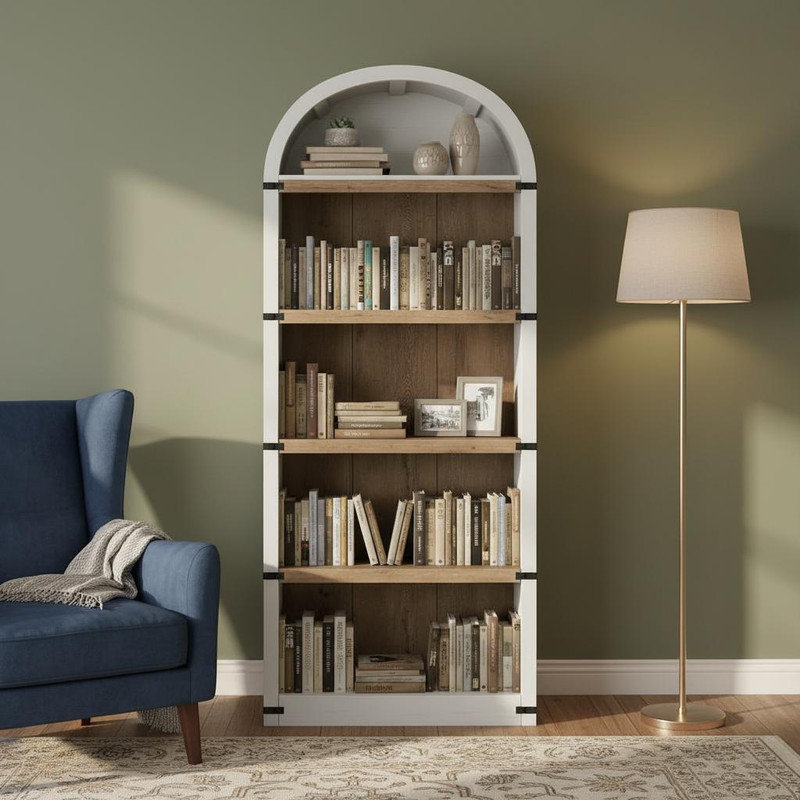 Bibliothèque à 5 tablettes avec bibliothèque arquée de 71,65 pouces de hauteur, Blanc/naturel