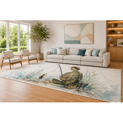 Tapis ultra-léger de 200 x 300 cm (6'7" x 9'10") couleur crème et turquoise, motif tortue pêcheuse, idéal pour le salon. Moquette douce à poils courts avec envers antidérapant en silicone, décoration pour chambre et bureau.