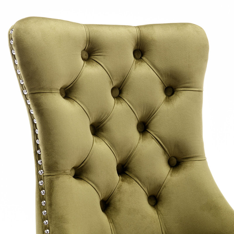 Tufted Velvet Wing Back Side Dining Chairs, Black, Moss Green