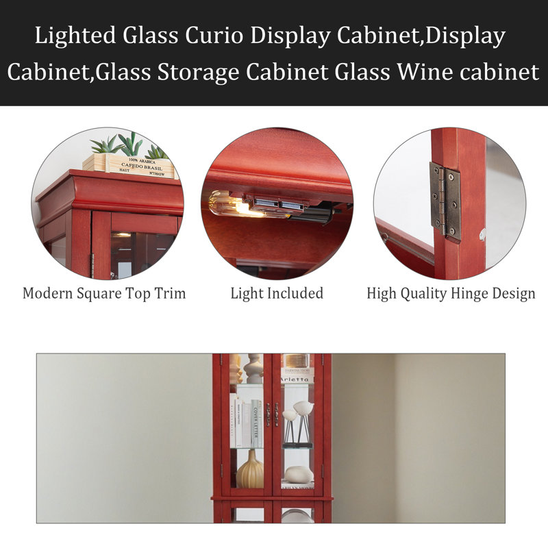 Lighted Glass Curio Display Cabinet,Display Cabinet,Glass Storage Cabinet Glass Wine Cabinet Wood Frame Toy Display For Living Room, Kitchen, Pantry Light Bulb Included