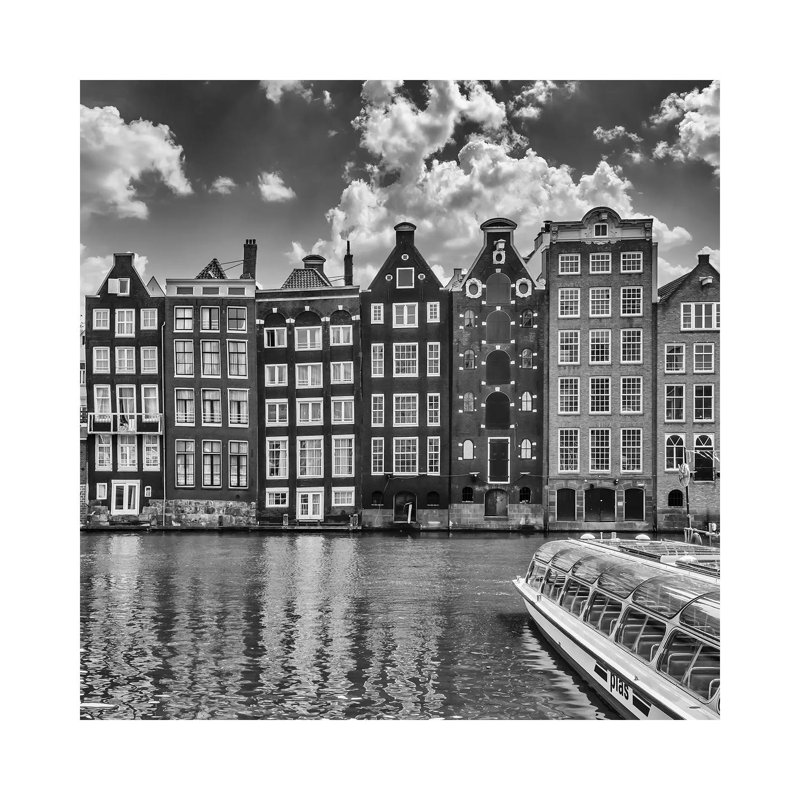 Damrak Amsterdam et maisons de danse | Monochrome par Melanie Viola-reproduction de photo, Pas de tapis, Toile tendue