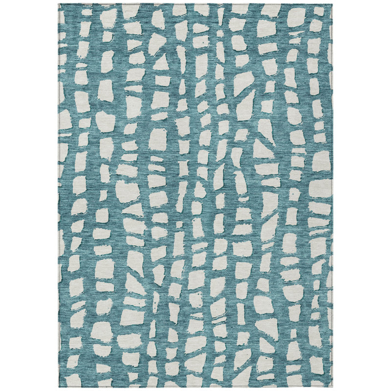 Tapis extérieur bleu sarcelle et ivoire lavable abstrait 9 pi x 12 pi bleu sarcelle et ivoire