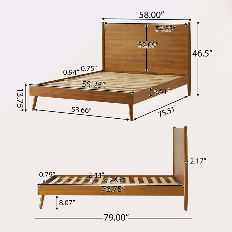 Lit plateforme en bois massif, Naturel, Lit double