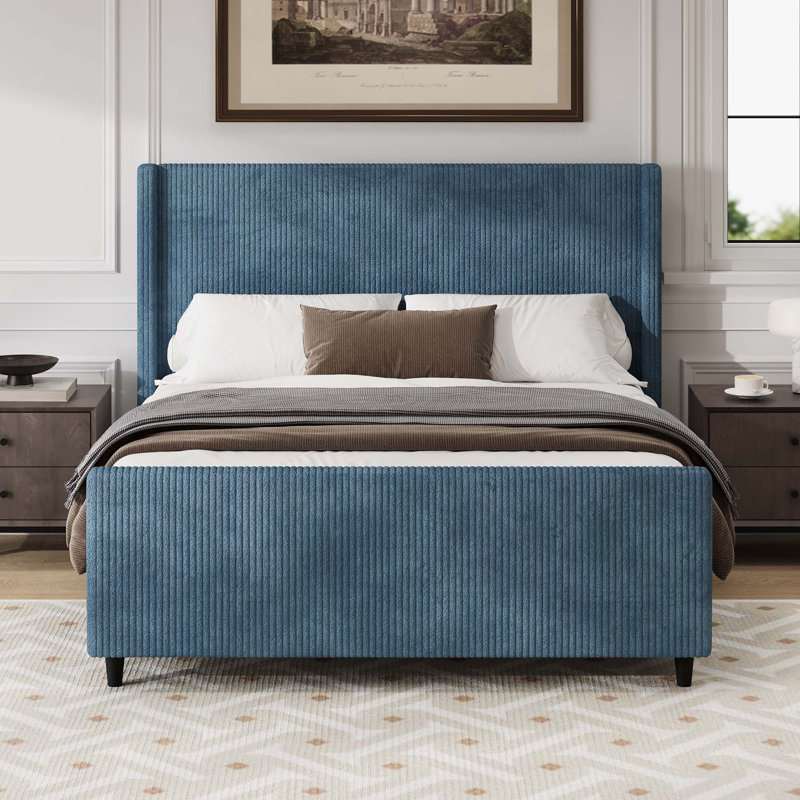 Headboard Corduroy Upholstered Bed Frame with Vertical Stripe Wingback and High Footboard No Box Spring Needed, Queen, Blue