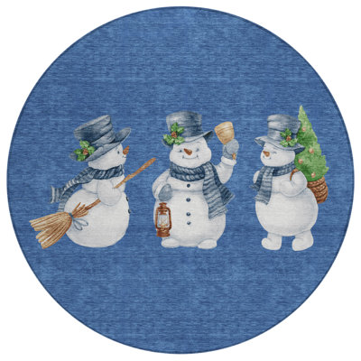 Machine Washable Indoor/Outdoor Christmas Snowman Xhevrie Navy Rug