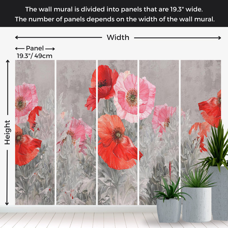 Adhésif mural floral pelez et collez - Pré gris, L 41 po x l 57 po