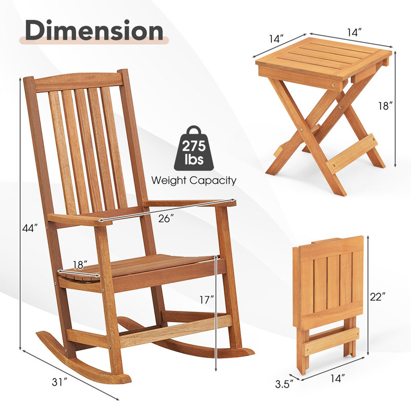 Costway Wood Folding Square Table & 2pcs Rocking Chair Set With Slatted Seat & Tabletop