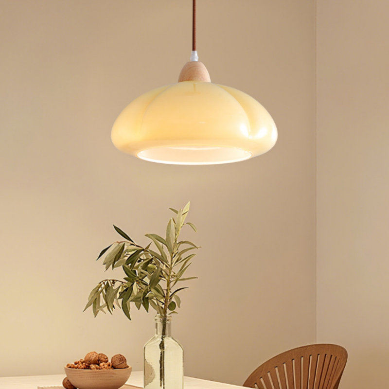 Dôme coloré - Lampes suspendues en forme de dôme avec accents en bois, Crème
