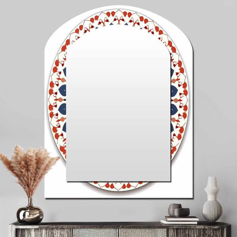 Boho Mandala en rétro bleu et orange III - miroir mural unique de forme irrégulière Mandala Boho, miroir asymétrique traditionnel, impression d'art en métal