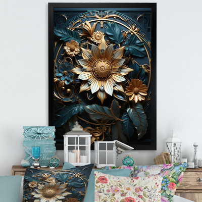 Sceau d'or et fleurs bleu sarcelle 3D sur toile