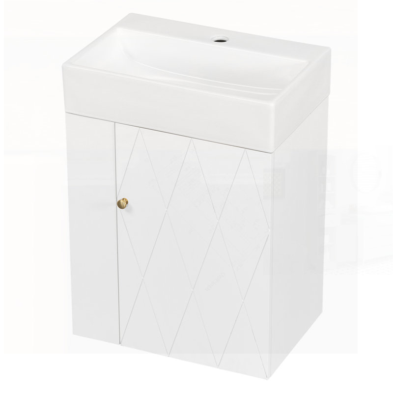 Meuble-lavabo de salle de bain avec lavabo en céramique, porte à motif de losanges, poignées dorées et tablettes de rangement latérales - petit cabinet moderne avec barre à serviettes, fabrication en panneau de fibres à densité moyenne, assemblage requis