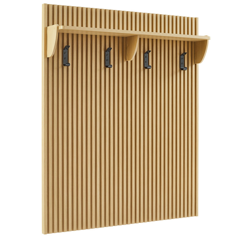 Render Fluted Coat Rack Panel With Shelf In Light Oak, Light Oak