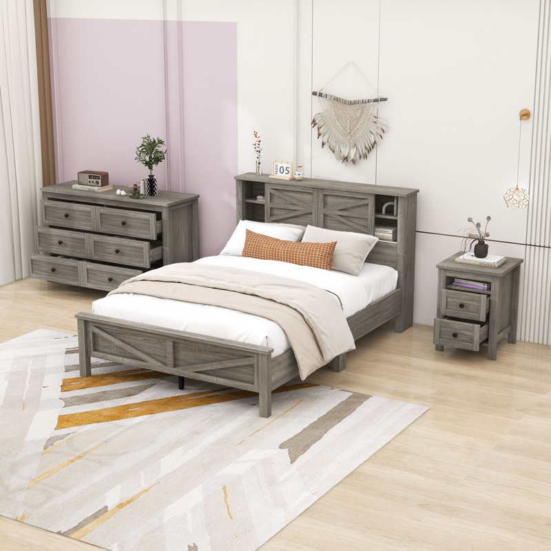 Ensemble de chambre à coucher 3 pièces Andrenae, Complète, Gris antique