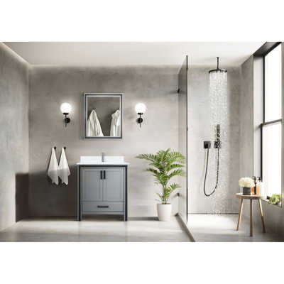 30 po De salle de bain gris foncé avec miroir 28 et rangement grandiose