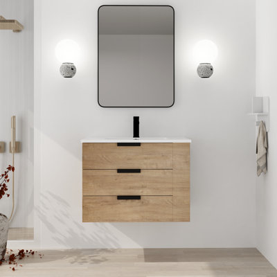 Meuble-lavabo mural simple 30 po avec lavabo en céramique, meuble-lavabo flottant avec 3 tiroirs et 3 tablettes